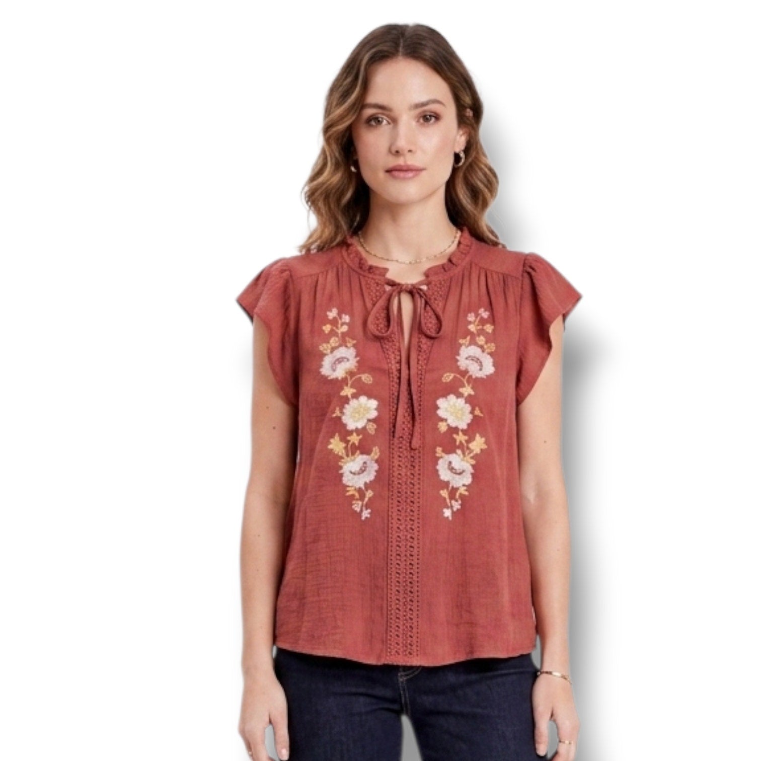 Flower & Feather Women's Medium Rust Terracotta Embroidered Flutter Sleeve Top