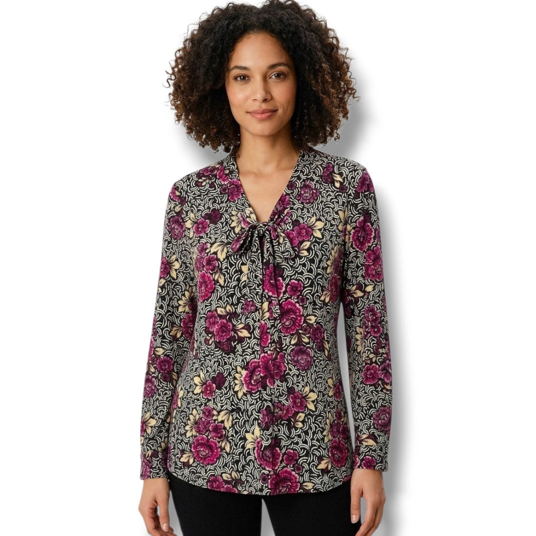 BYdesign Women’s Vintage Multicolor Floral Tie-Neck Long Sleeve Blouse – Large