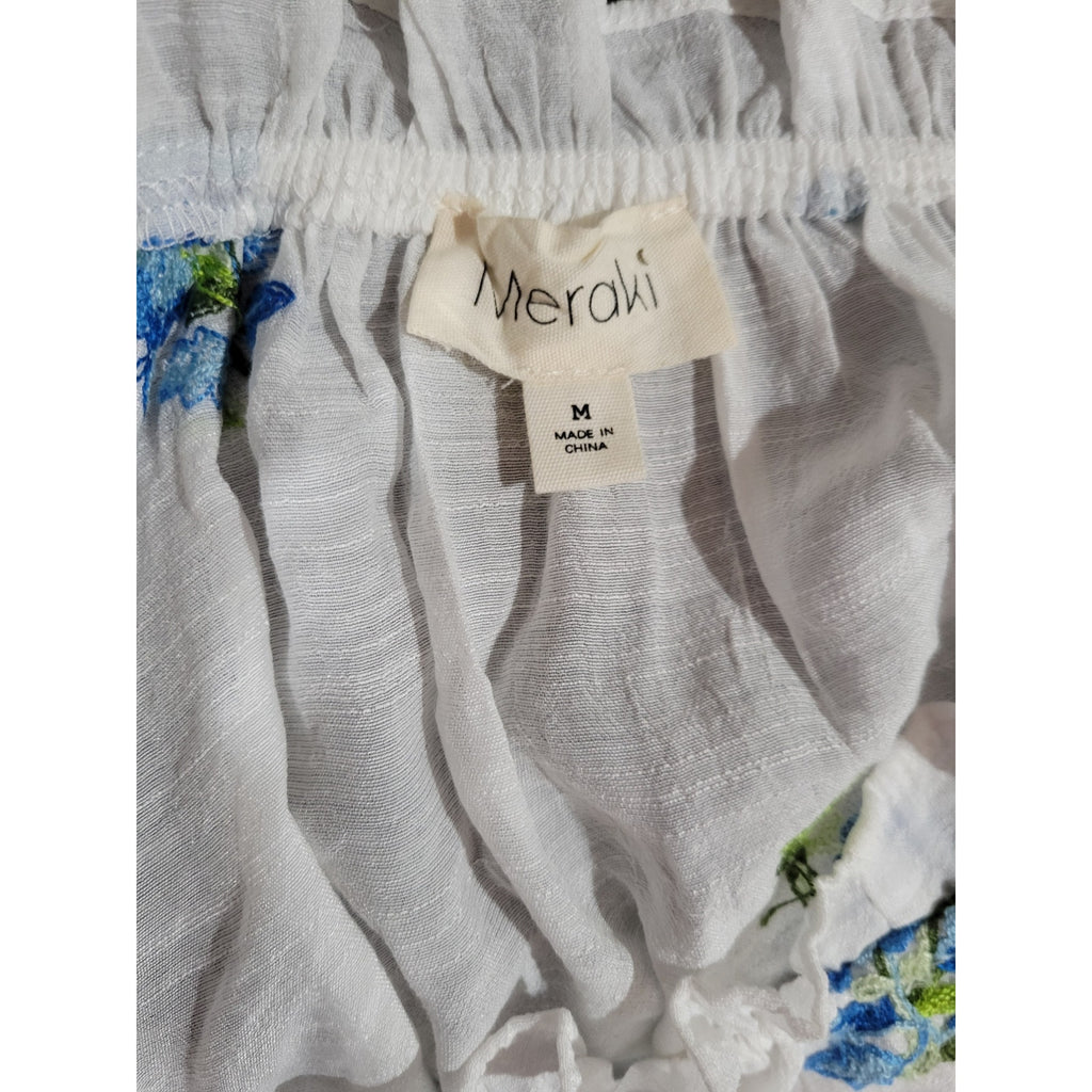 Meraki Women’s White Blue Floral Boho Peasant Blouse - Medium