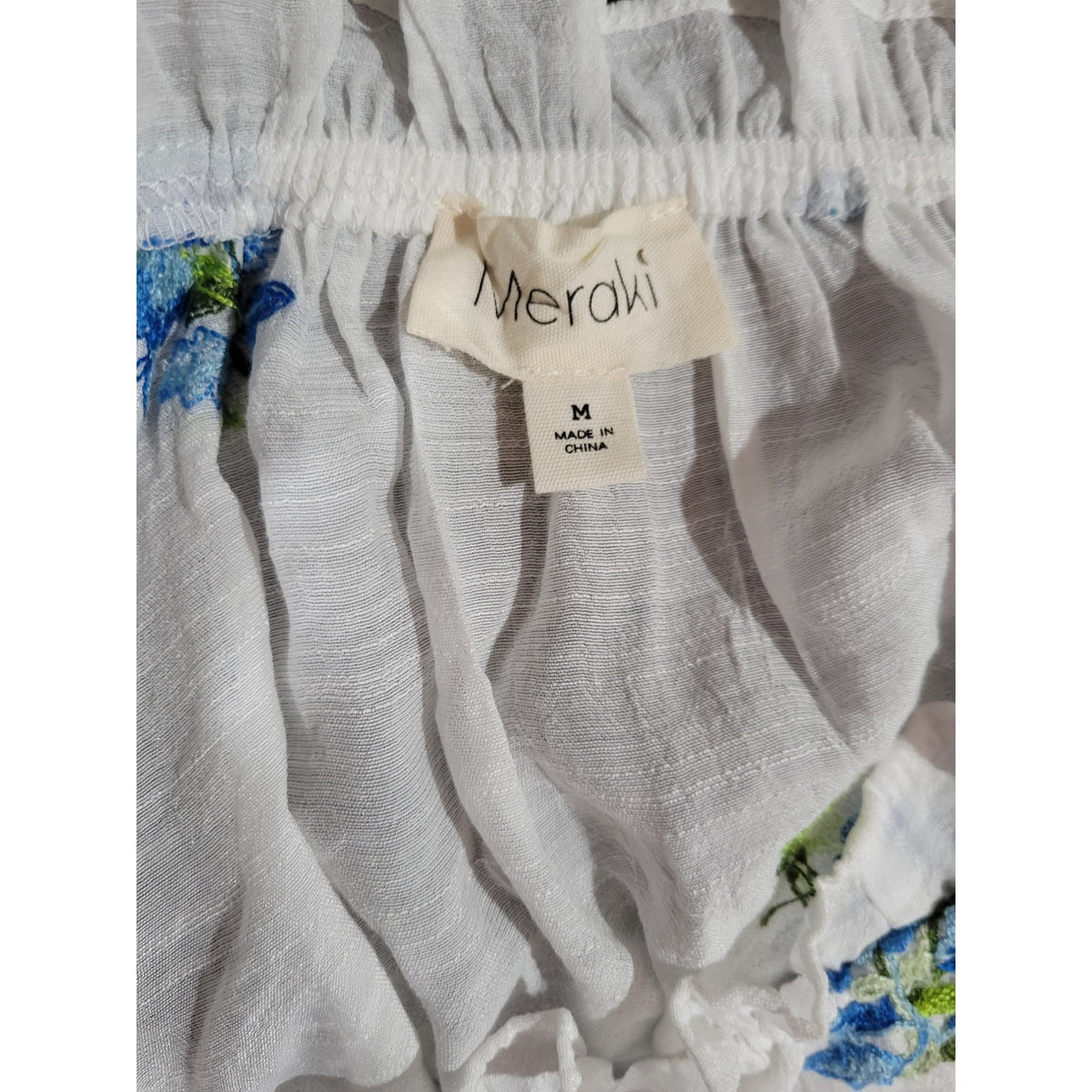Meraki Women’s White Blue Floral Boho Peasant Blouse - Medium