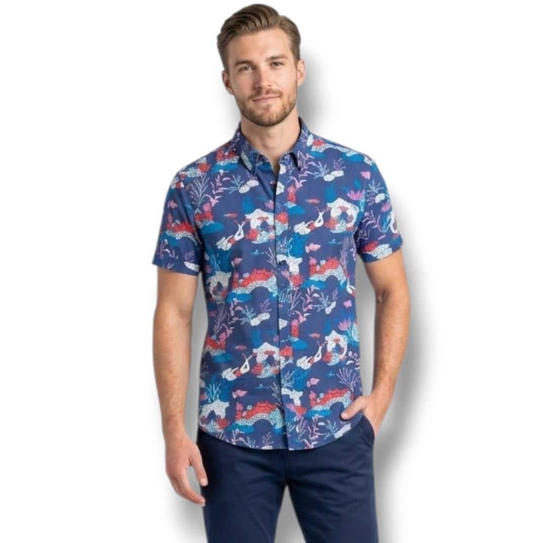 Reverse Threads Men’s Scuba Reef Print Navy Button-Down Shirt Small Cotton New