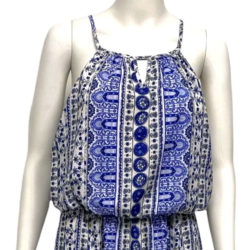 Japna Women’s Blue Multi-Print Sleeveless Maxi Dress with Keyhole Neckline – XS