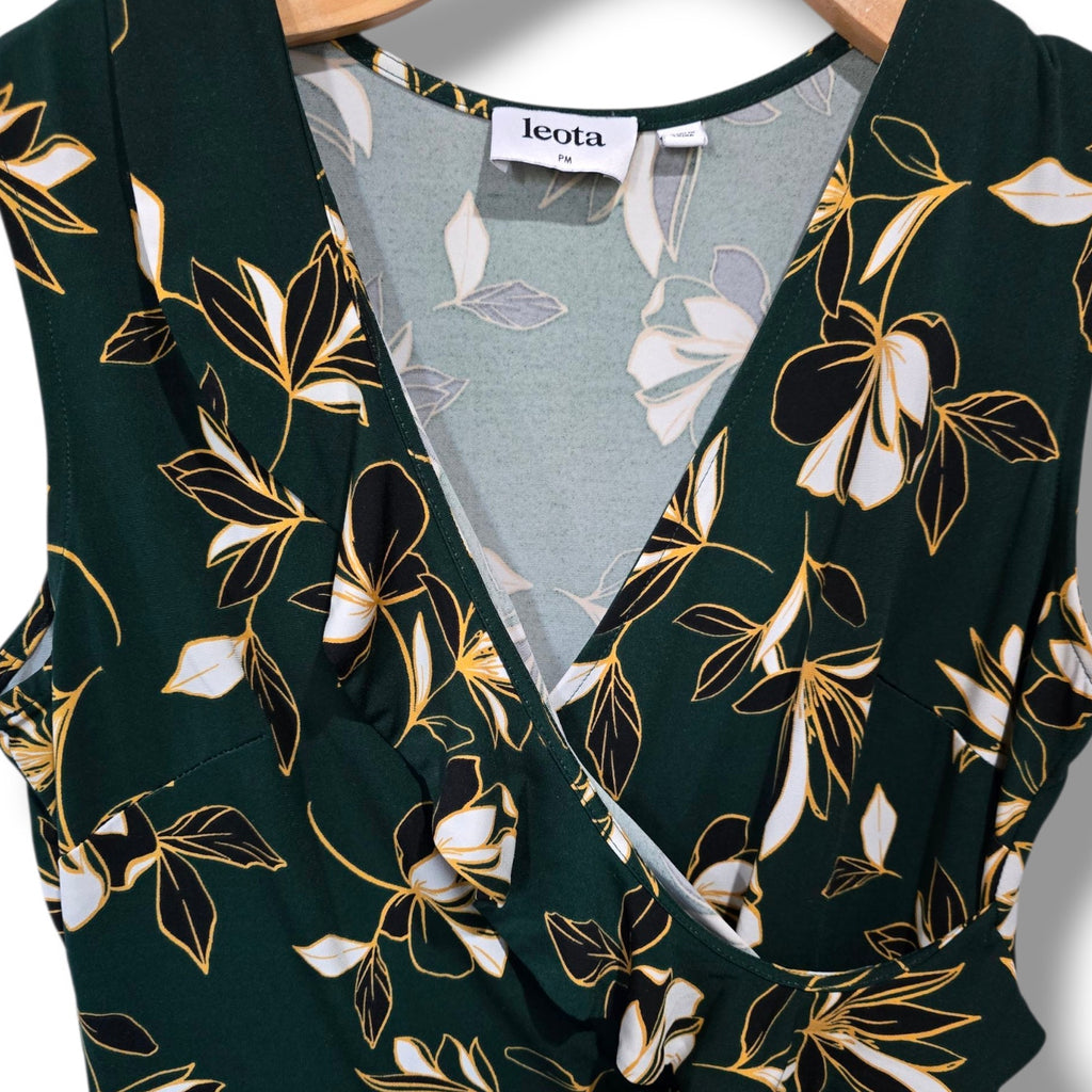 Leota Women’s Green Floral Sleeveless Faux Wrap Dress – Petite Medium