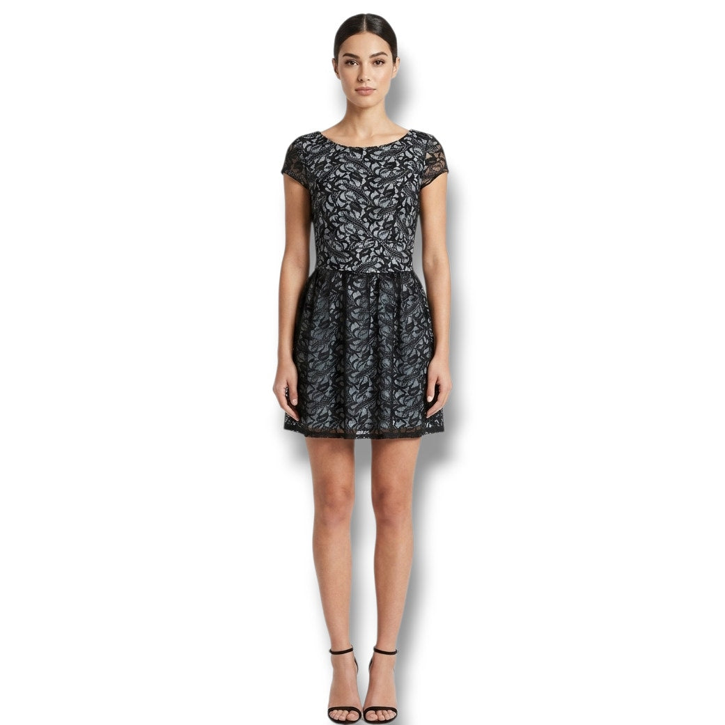Three Pink Hearts Juniors Black Lace Fit & Flare Dress Blue Lining Size 7