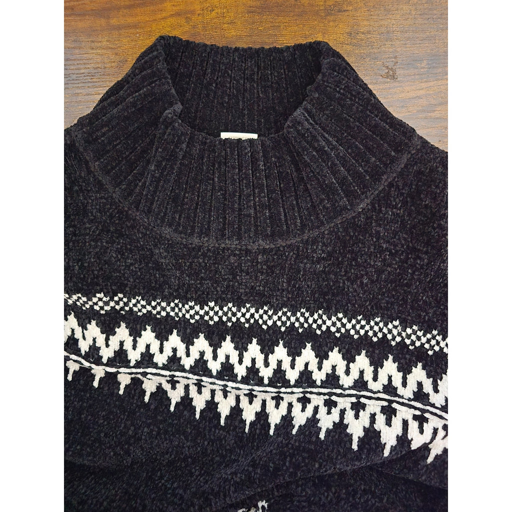 Christian Siriano New York Women's Black Chenille Fair Isle Mock Neck Sweater