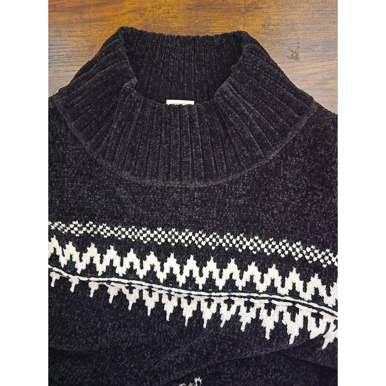 Christian Siriano New York Women's Black Chenille Fair Isle Mock Neck Sweater