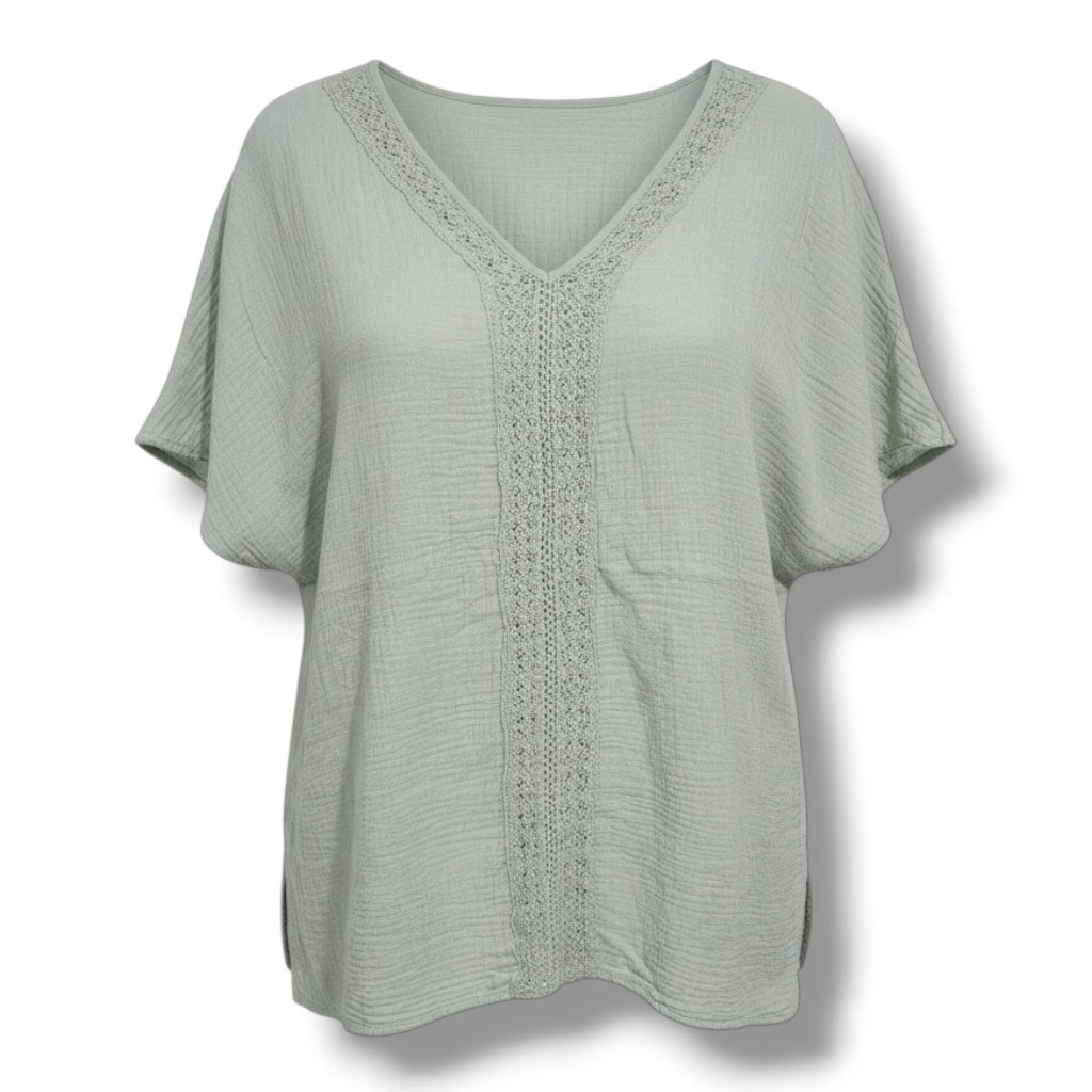 Kona Sol Sage Green Gauze V-Neck Crochet Trim cover up Top Women’s Large