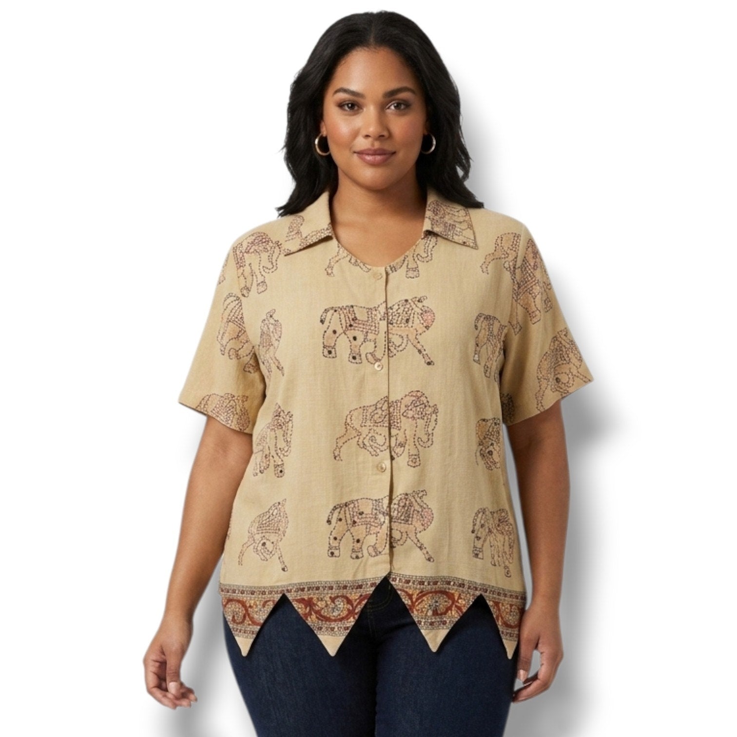 Westside Designs women’s plus size Elephant Print Button Front Top 1X