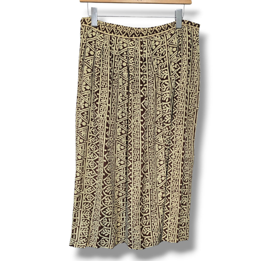 Leslie Fay Vintage Midi Skirt Size 14 Brown Cream Geometric Elastic Waist