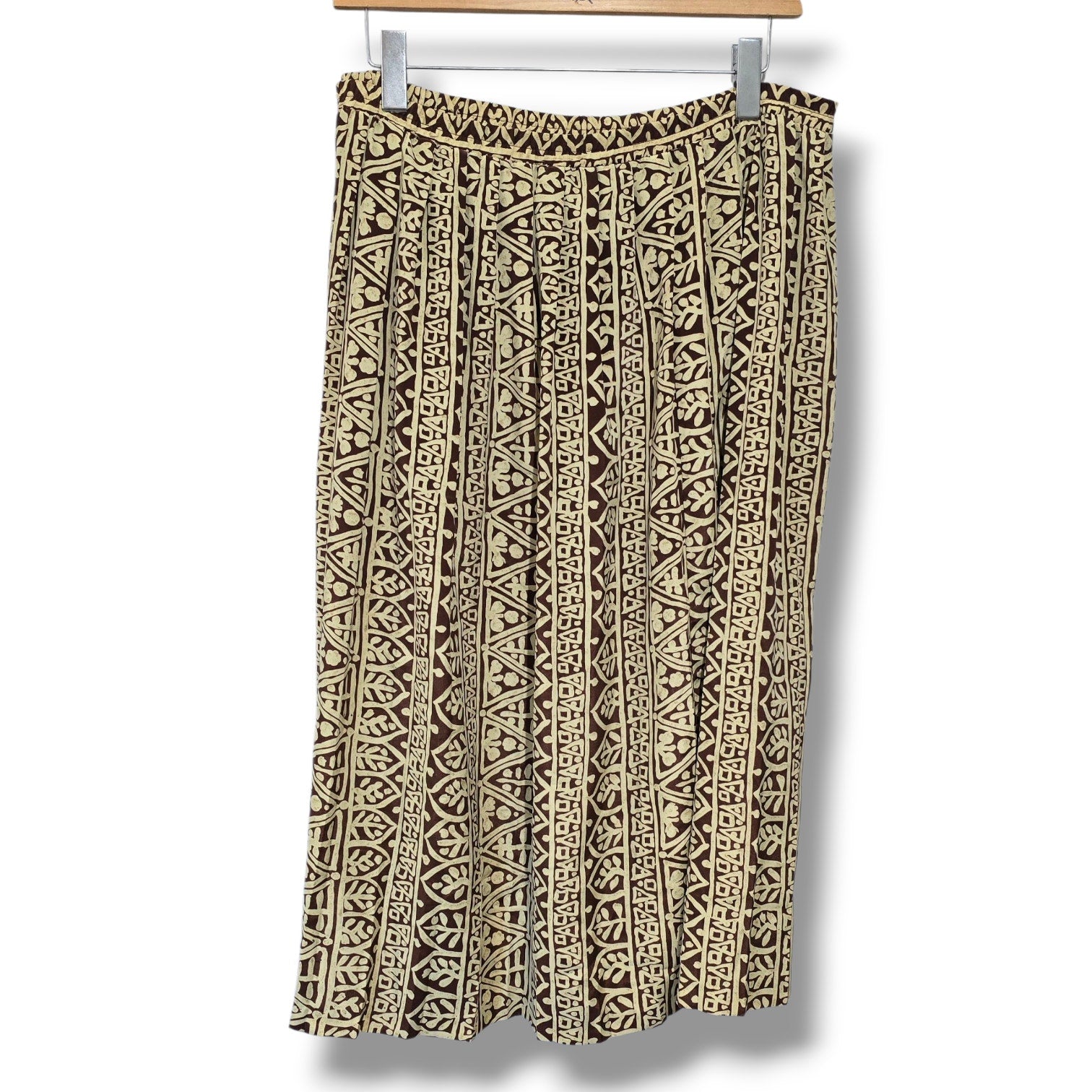 Leslie Fay Vintage Midi Skirt Size 14 Brown Cream Geometric Elastic Waist
