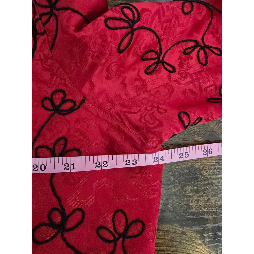 Chico's Design Vintage Women's Size 3 Red Silk Black Embroidered Zip Jacket