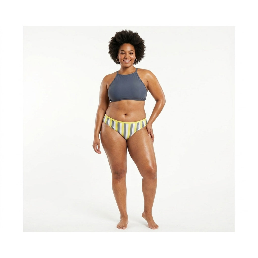 Kona Sol Women’s Yellow Gray White Striped Hipster Bikini Bottom NWOT 2x