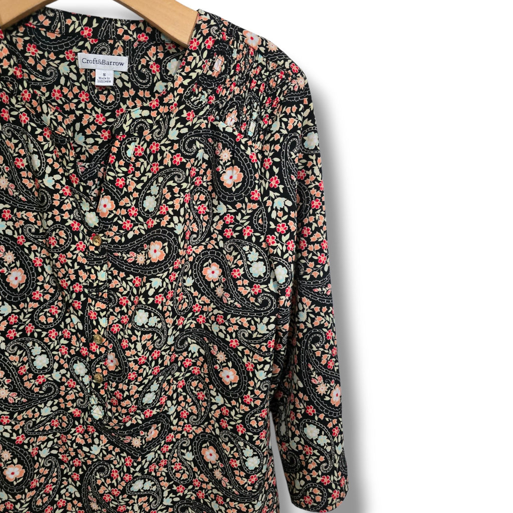 Croft & Barrow Womens Multicolor Paisley Button-Down Blouse Convertible Sleeves