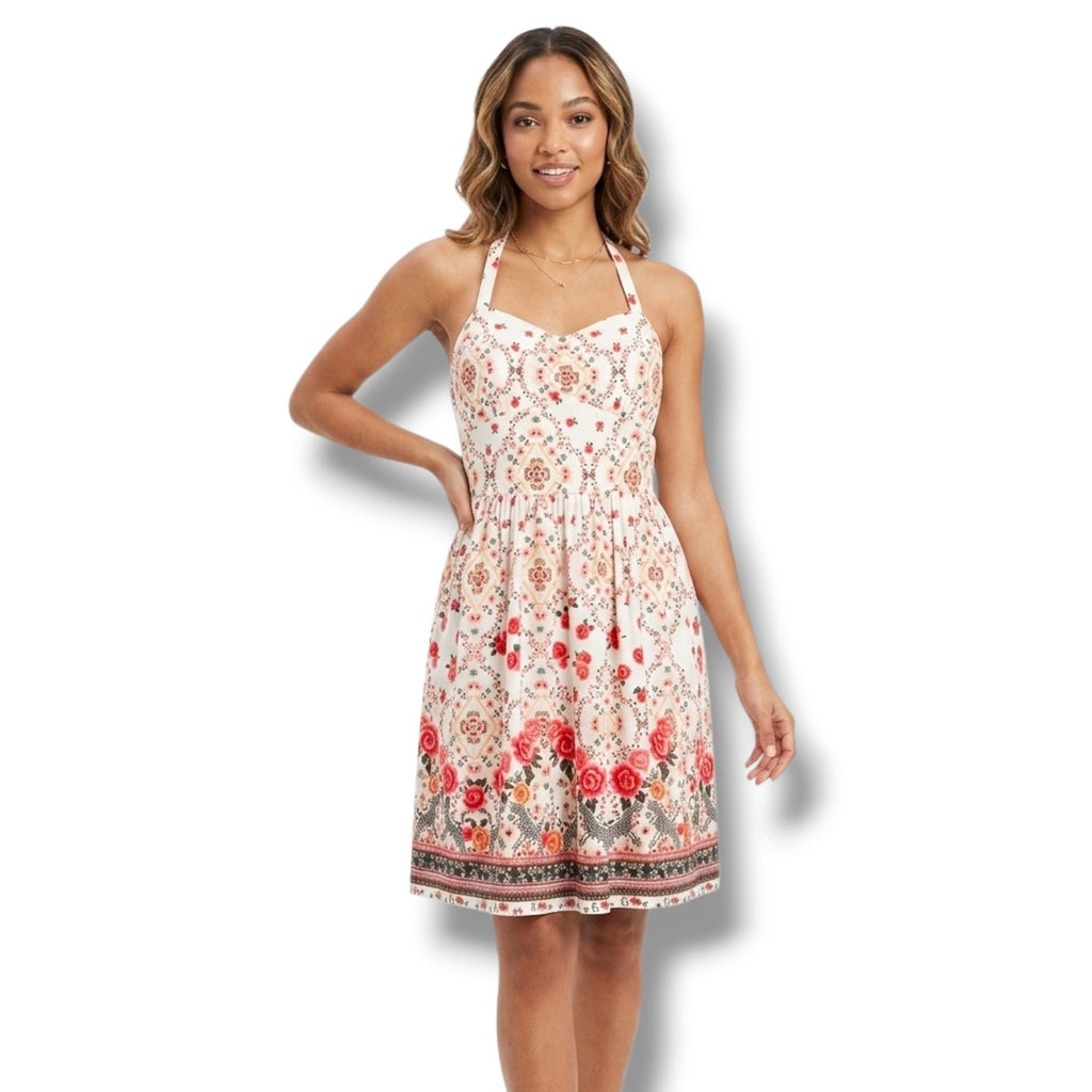 No Boundaries juniors Ivory Floral Halter Dress with Lace Racerback Small (3–5)