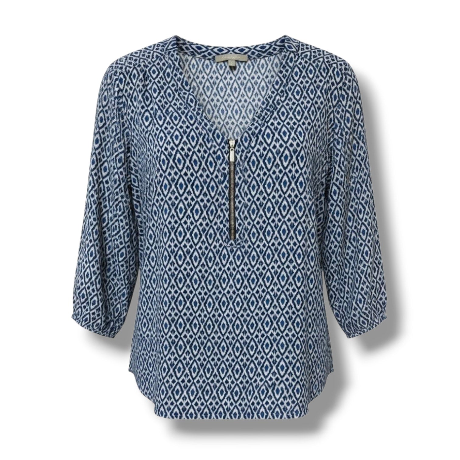NY Collection Petite Blue Geometric Zip Front Blouse – PL, gently used