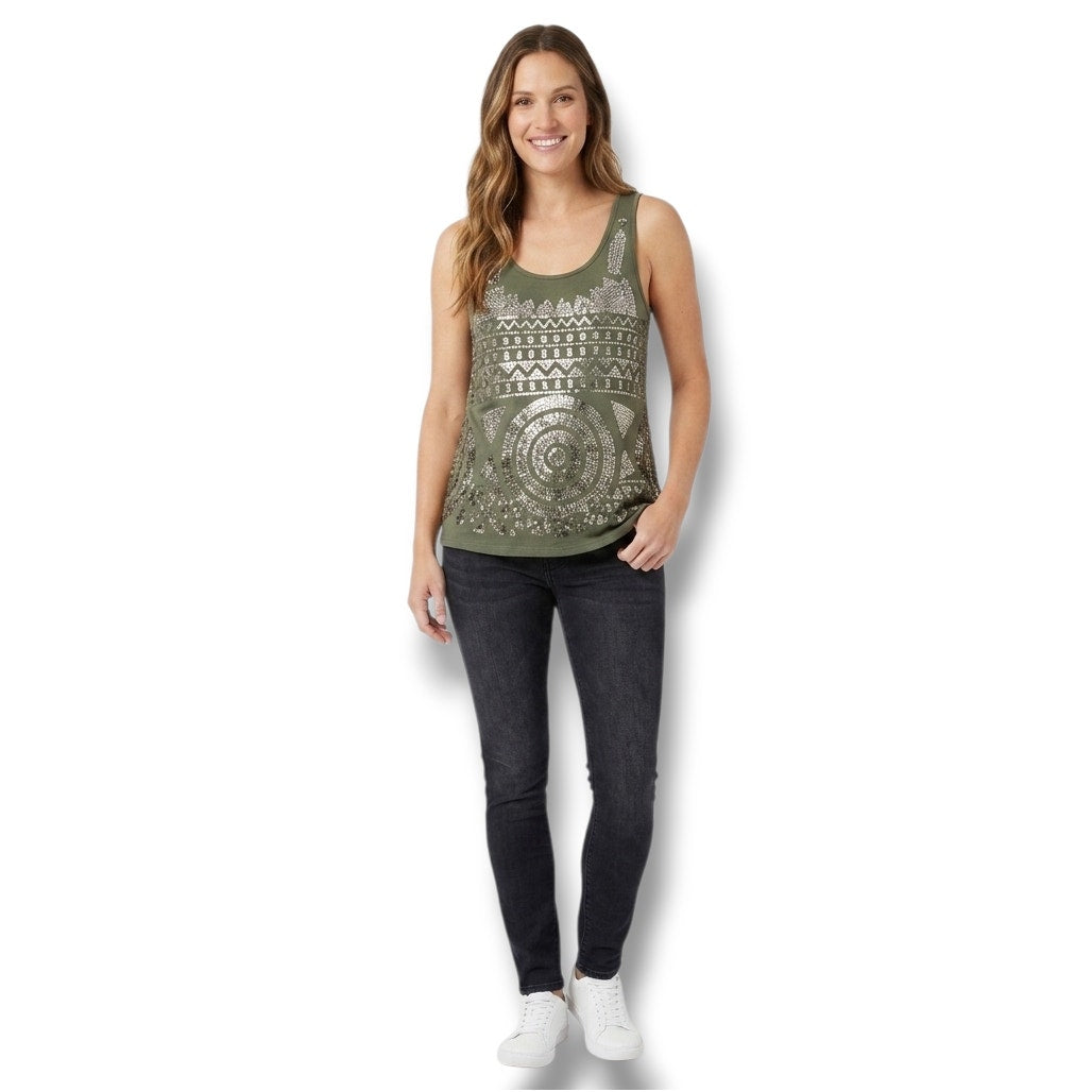 Charming Charlie Women's Olive Green Sequin Geometric Tank Top L Chiffon Back