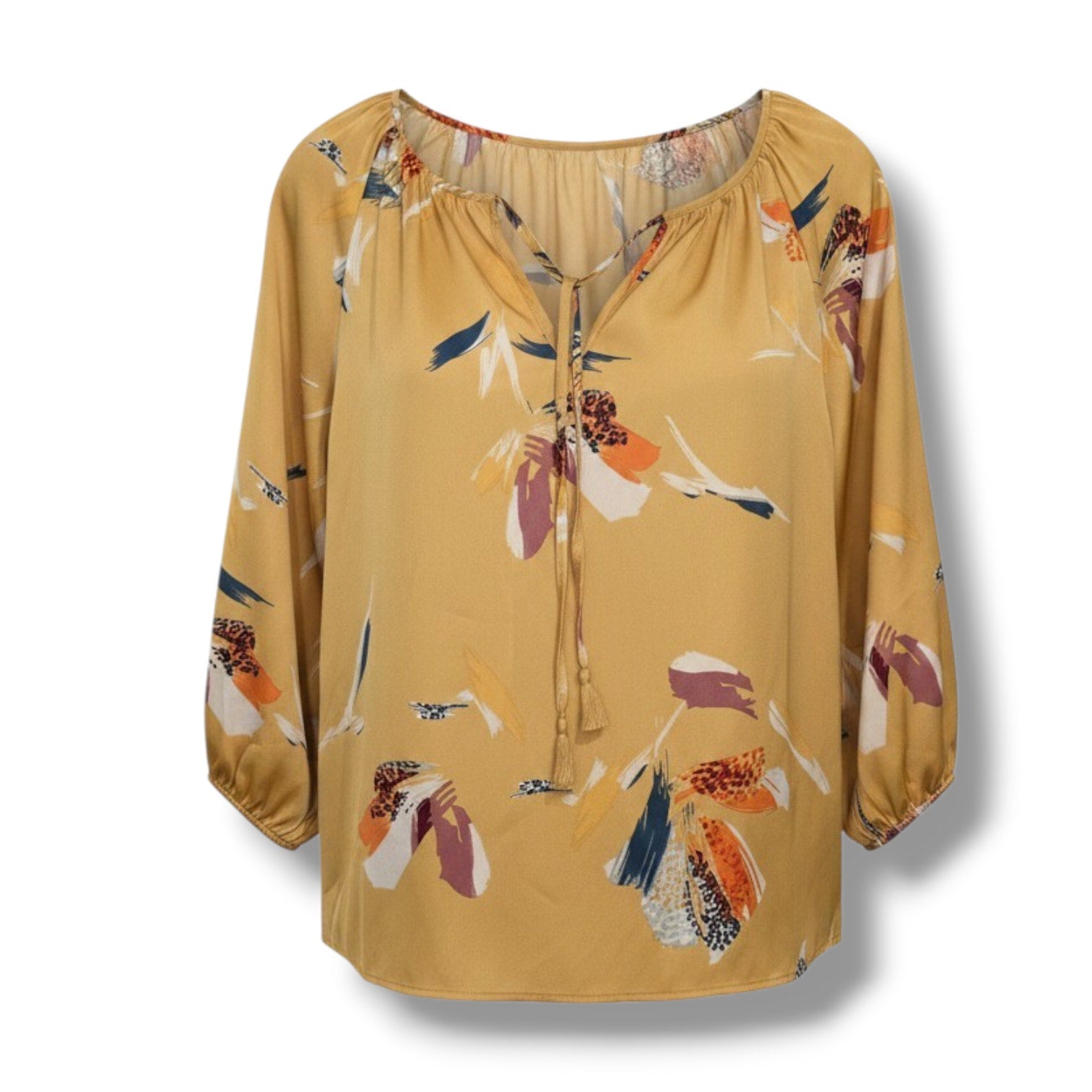 Lovestitch women's Mustard Floral Tassel Blouse Large