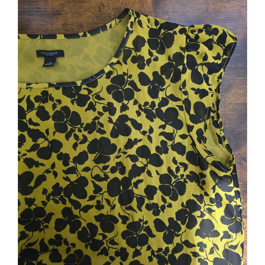 Ann Taylor Factory Women's Size Medium Chartreuse Yellow Black Floral Peplum Top