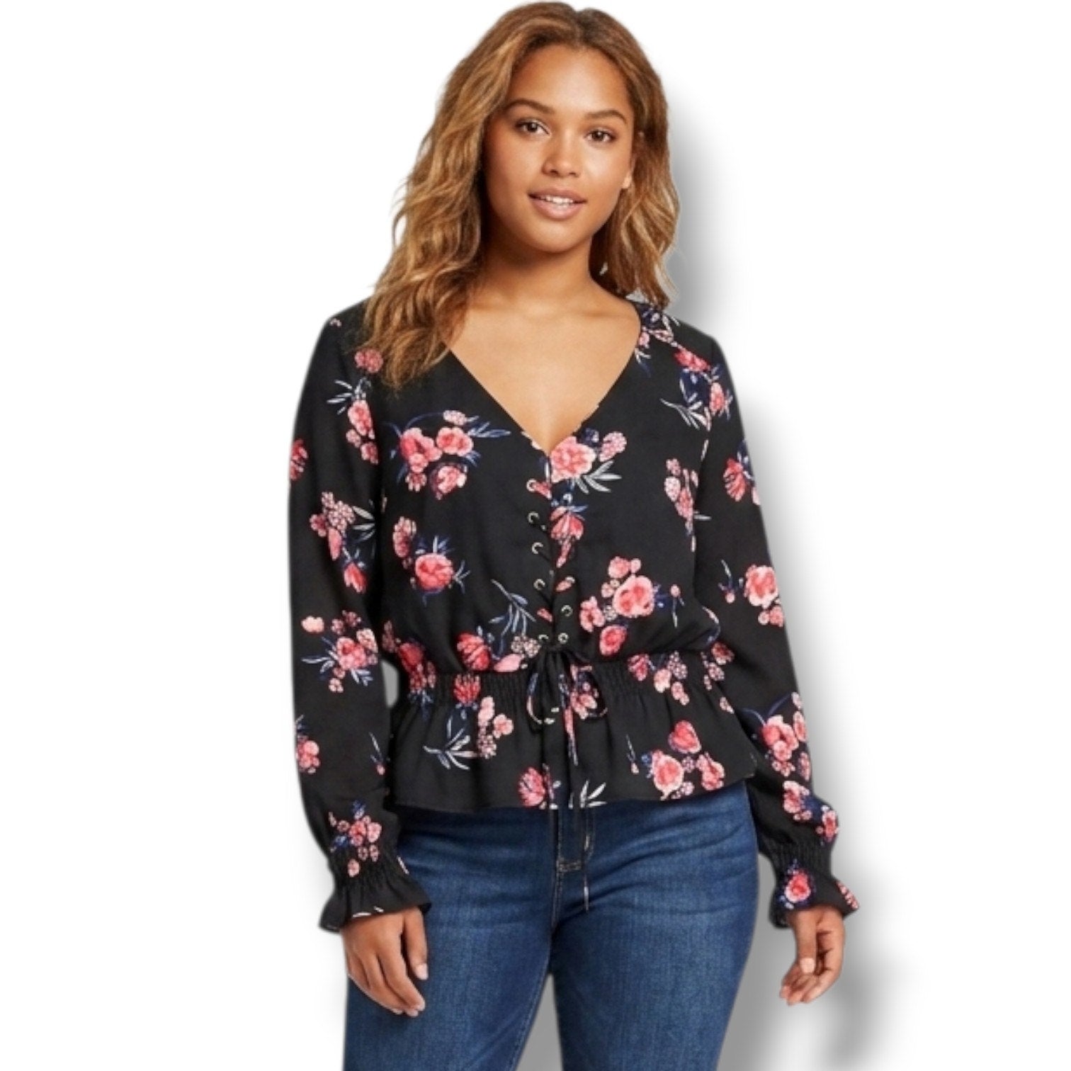 Divided by H&M Black Floral Lace-Up Smocked Blouse – Size 4 gently used
