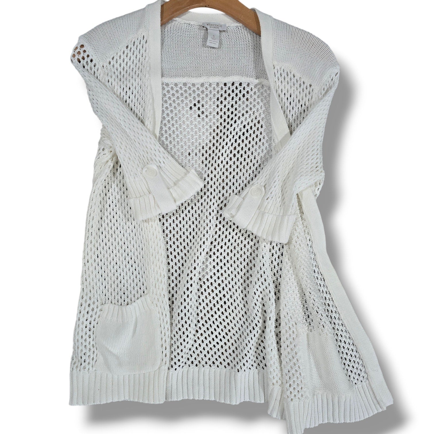 Weekends by Chico's White Open Crochet Knit Cardigan