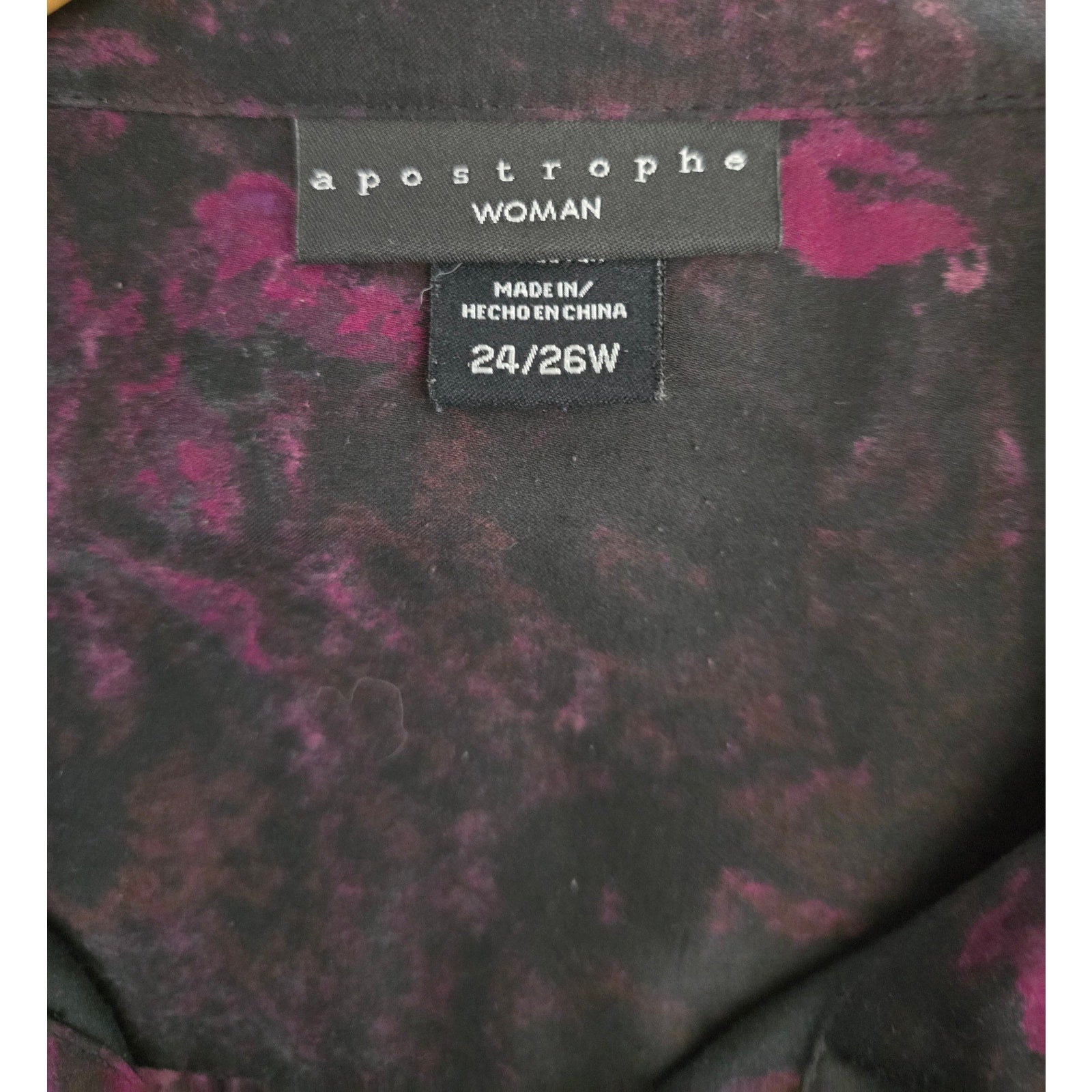 Apostrophe women’s plus size Woman Black & Purple Watercolor Button-Down Blouse 24w/26w