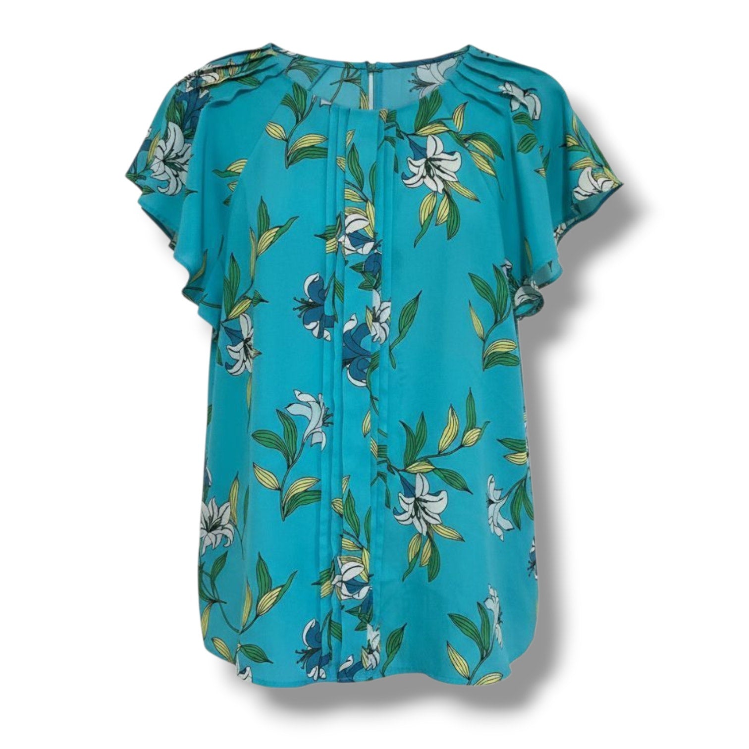 Worthington Petite Women’s Teal Floral Flutter Sleeve Blouse – Size PS