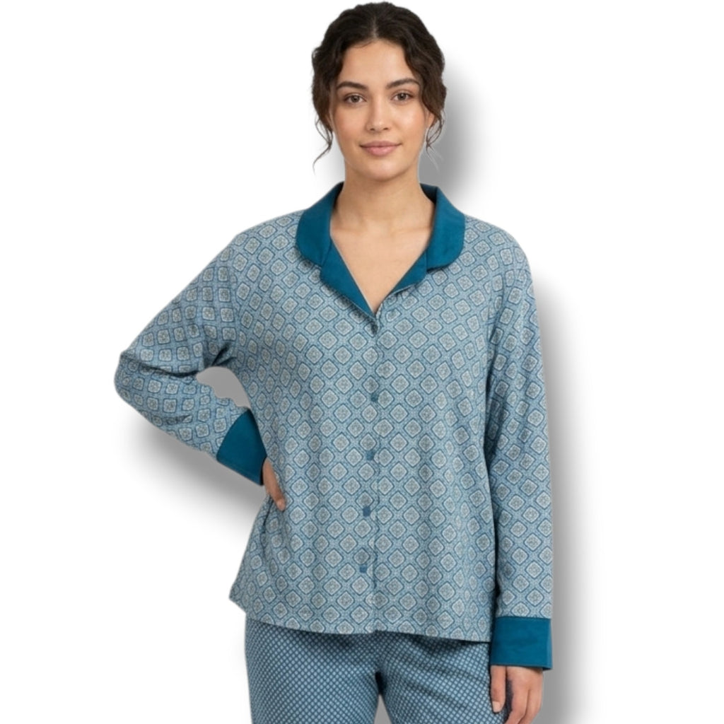 Flora by Flora Nikrooz Women’s Blue Geometric Long Sleeve Pajama Top Size Large