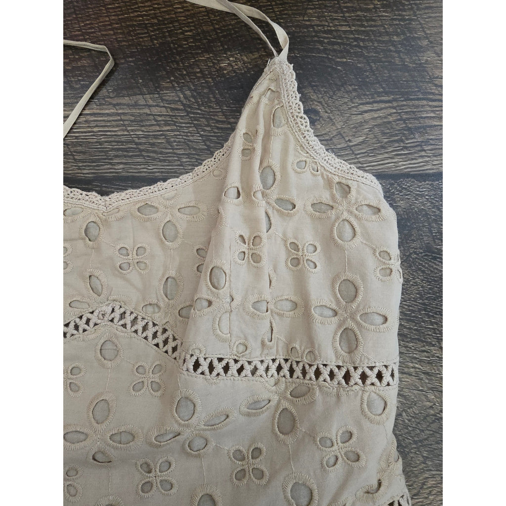 Venus Women's Size 12 Tan Beige Embroidered Cotton Eyelet A-Line Sundress NWT