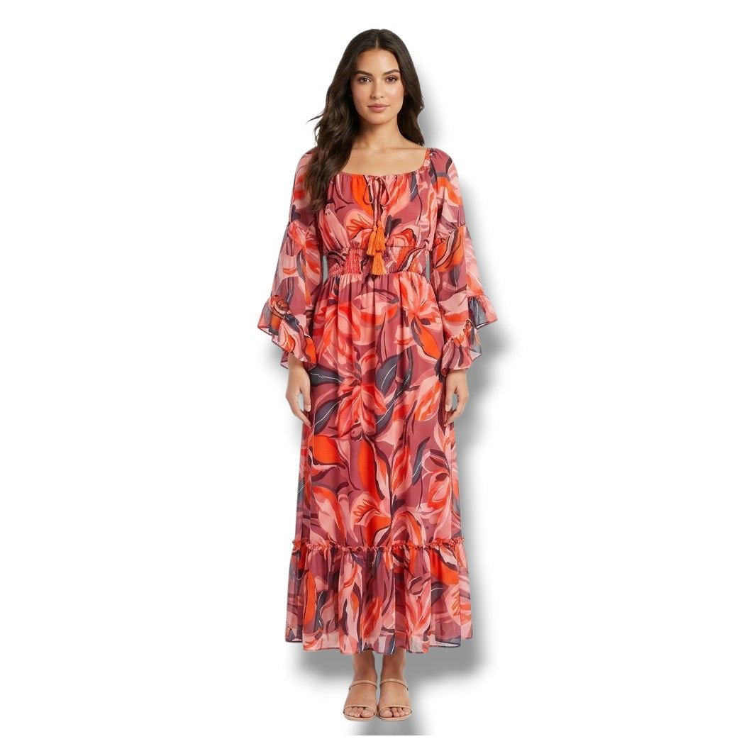 Blush Retro Floral Tassel Tie Maxi Dress Smocked Waist Small