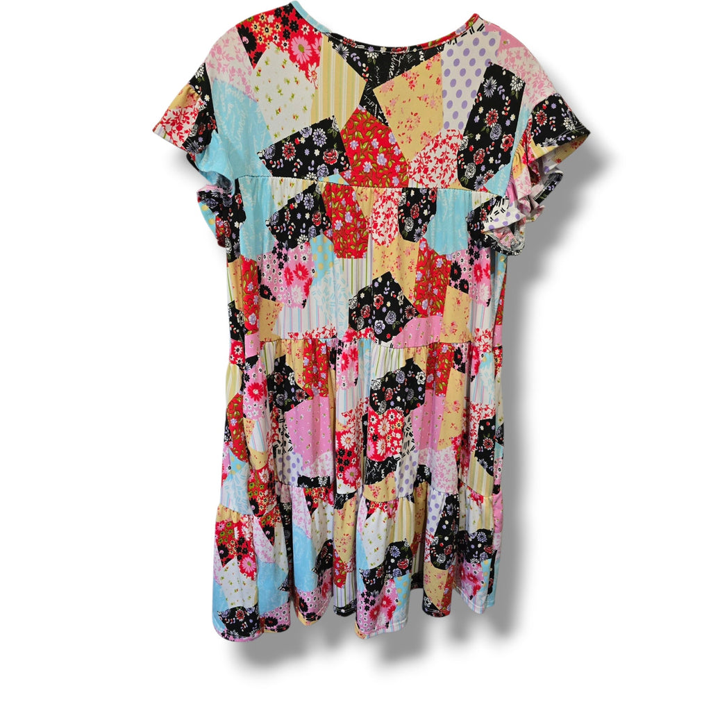 Perfect Peach Women’s Multicolor Patchwork Tiered Flutter Sleeve Dress – Large