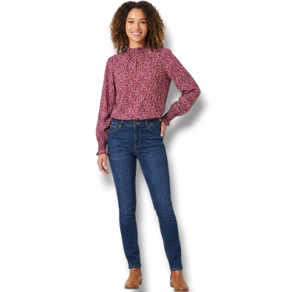 Lomon Women’s Burgundy Floral Long Sleeve Boho Blouse – Large