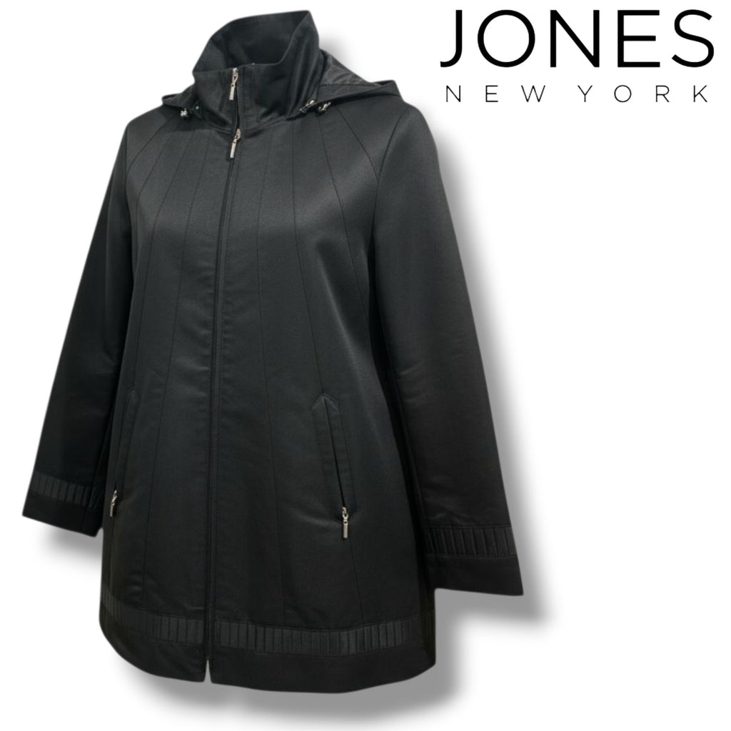 Jones New York Women’s Black Zip-Front Coat with Detachable Hood – Size Large