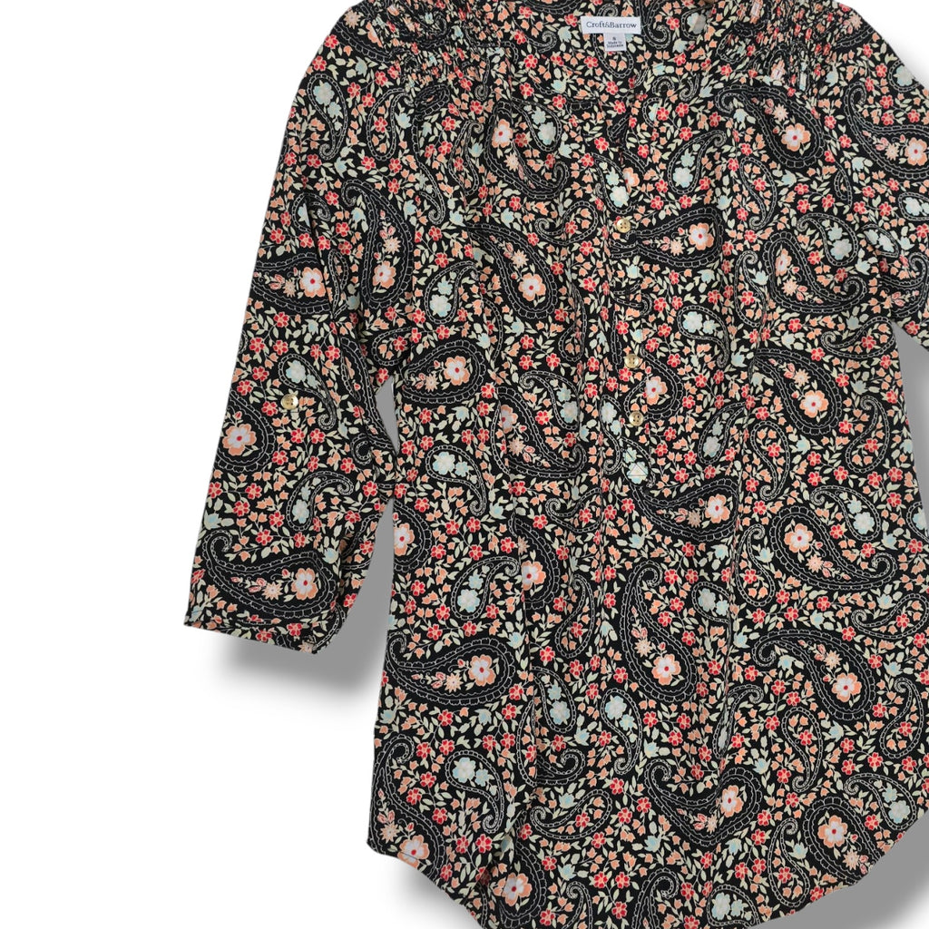 Croft & Barrow Womens Multicolor Paisley Button-Down Blouse Convertible Sleeves