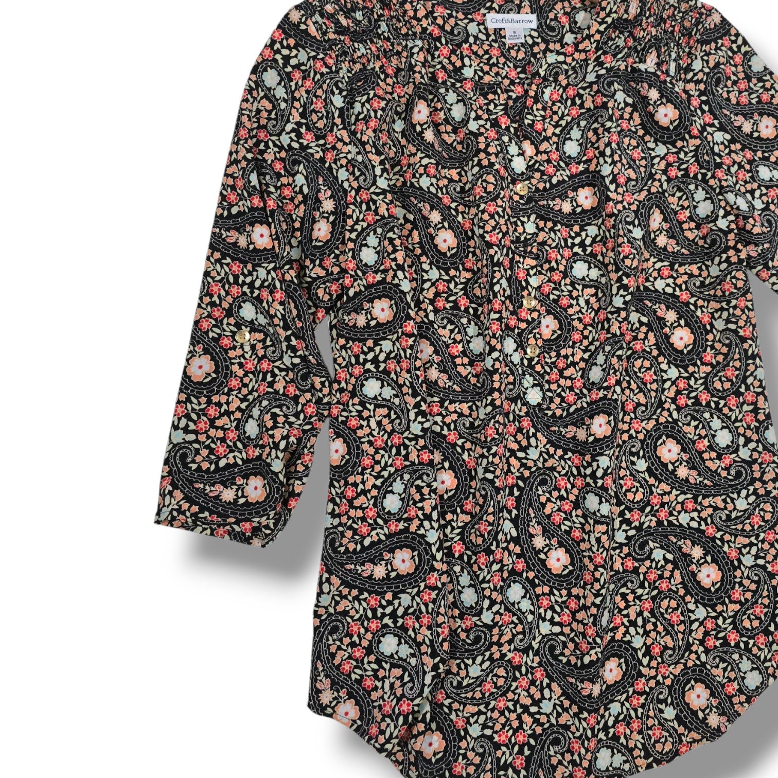 Croft & Barrow Womens Multicolor Paisley Button-Down Blouse Convertible Sleeves