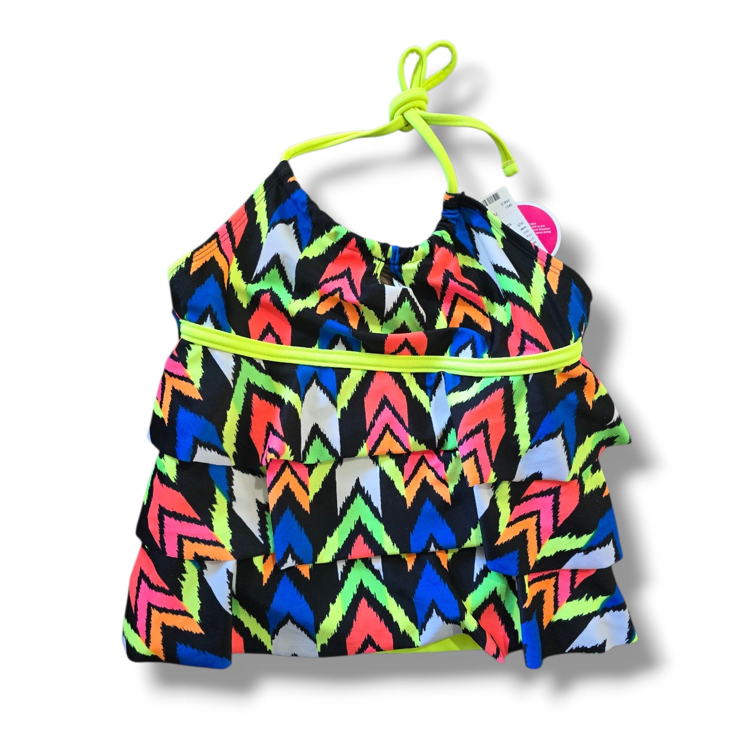 Justice Girl’s Neon Chevron Tiered Ruffle Tankini Swim Top – Size 10 NWT