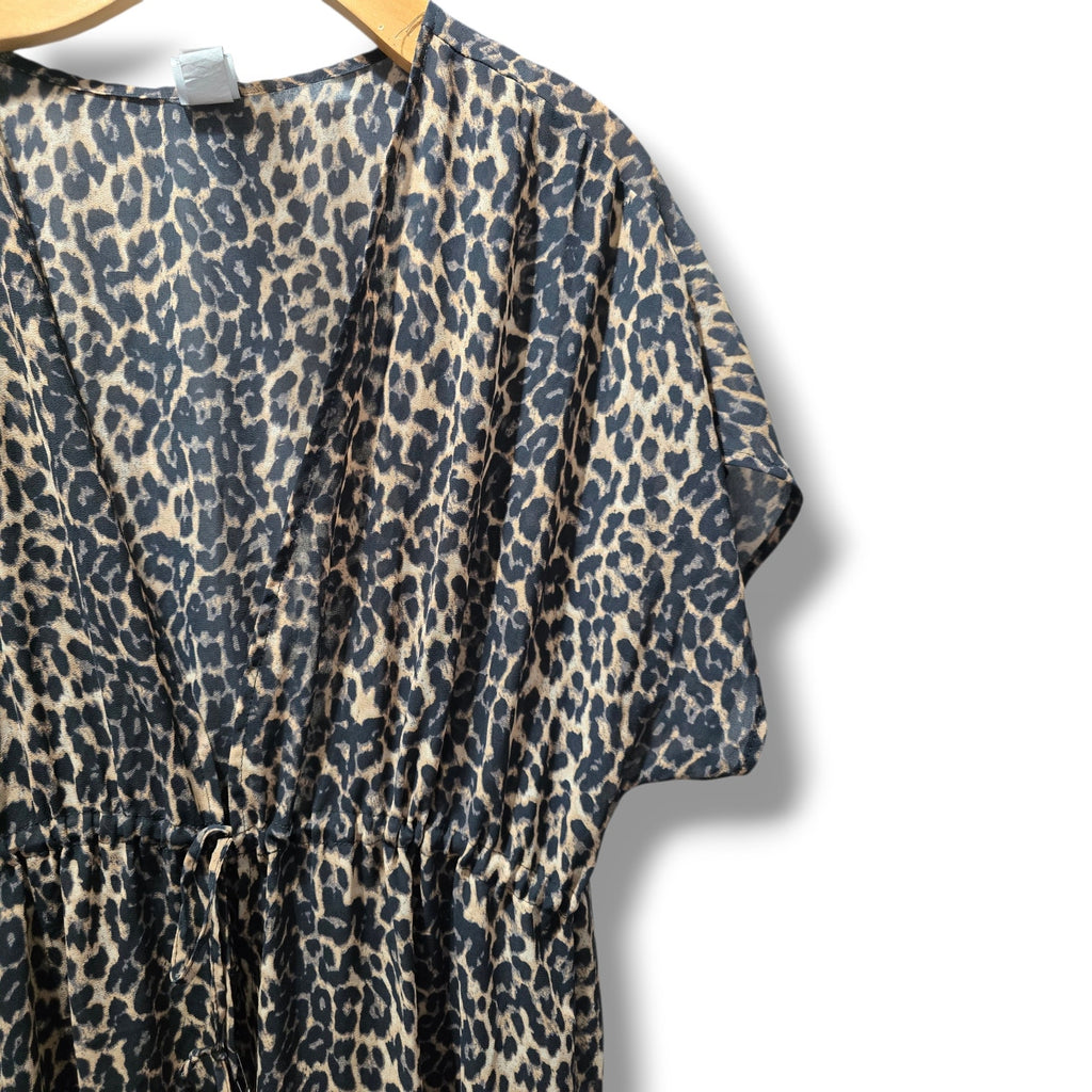 Sheer women's Leopard Print Open-Front Maxi Duster Kimono