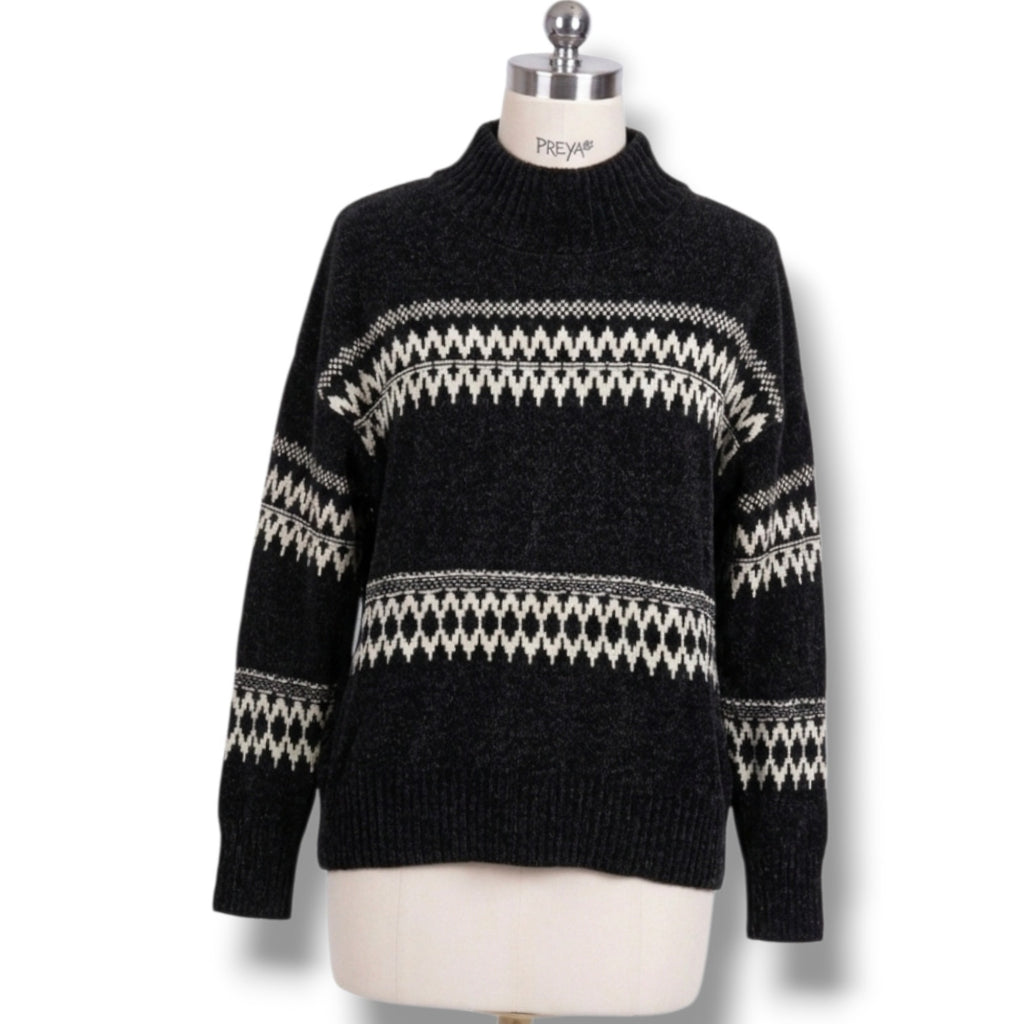 Christian Siriano New York Women's Black Chenille Fair Isle Mock Neck Sweater
