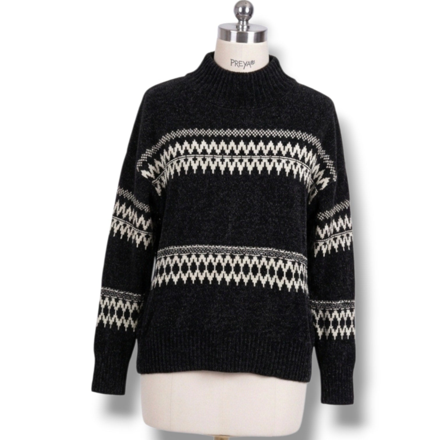 Christian Siriano New York Women's Black Chenille Fair Isle Mock Neck Sweater