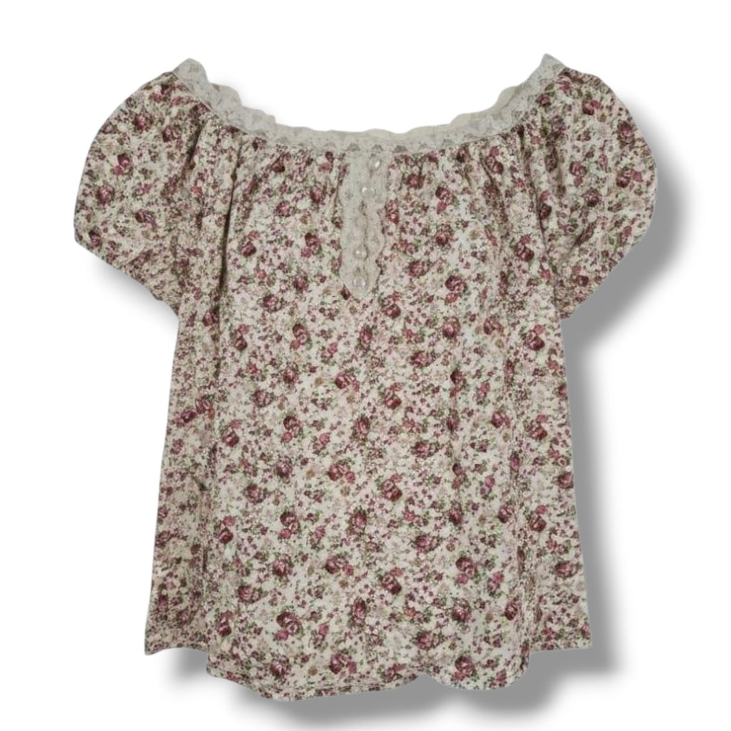 Dressbarn Woman Floral Lace Trim Puff Sleeve Blouse – Size 18/20 Made in USA