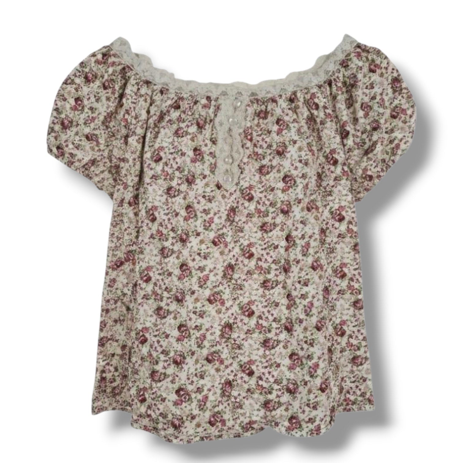 Dressbarn Woman Floral Lace Trim Puff Sleeve Blouse – Size 18/20 Made in USA