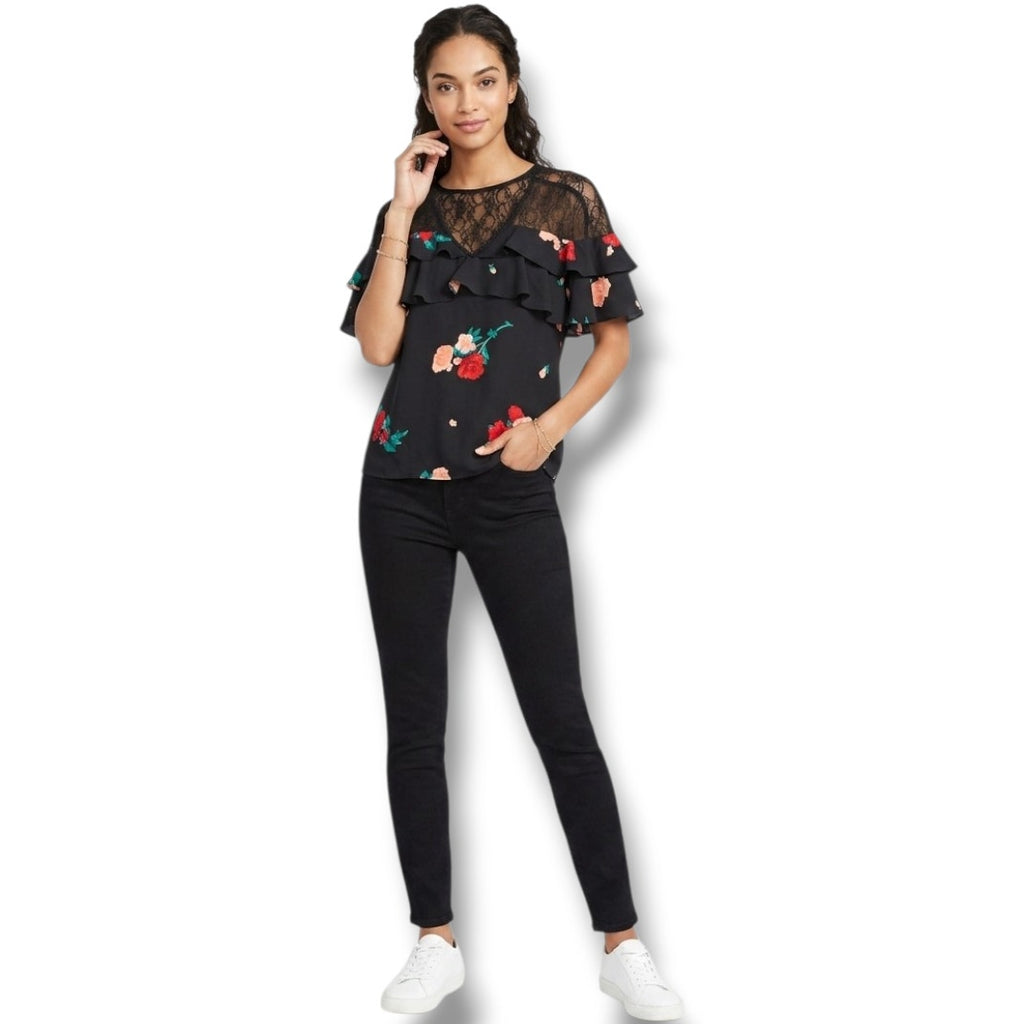 Candie’s Women’s Black Floral Ruffle Lace Blouse – Size Small, Short Sleeve