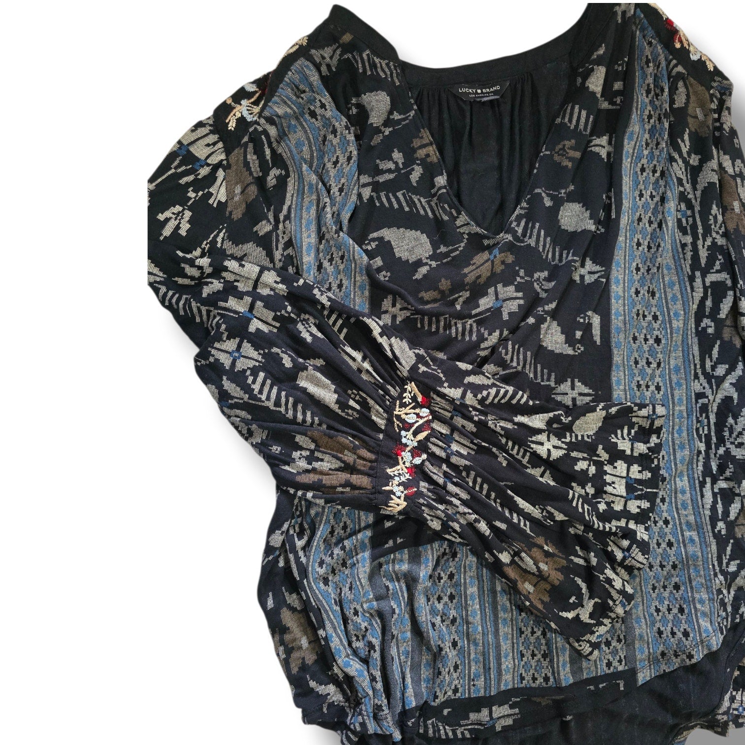 Lucky Brand Boho Embroidered Mixed-Print Peasant Blouse – Size Medium