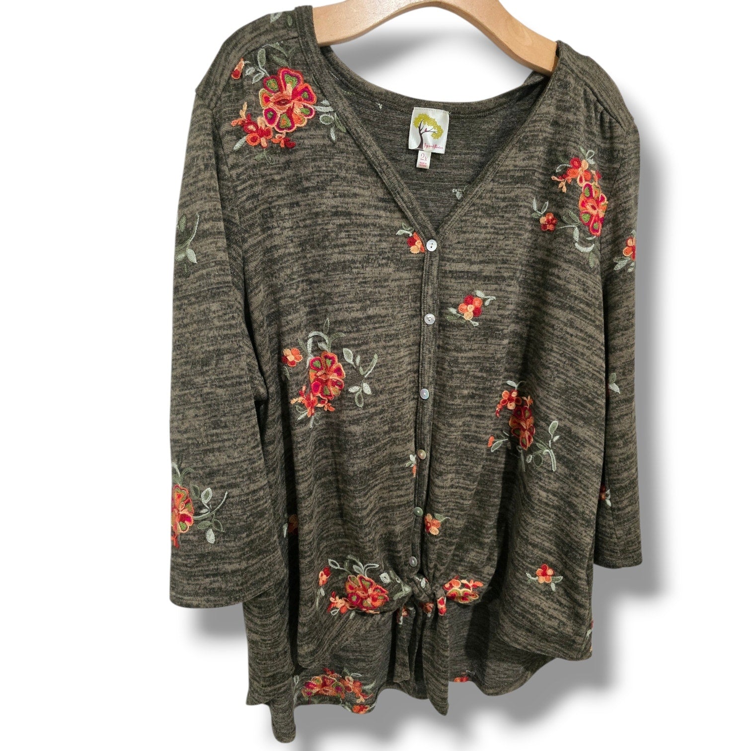 Fig & Flower women's Olive Heather Floral Embroidered Tie-Front top