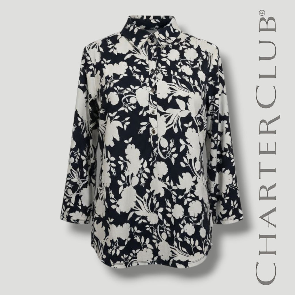 Charter Club Women’s Floral Print Blouse Midnight Blue White Button Front Top L