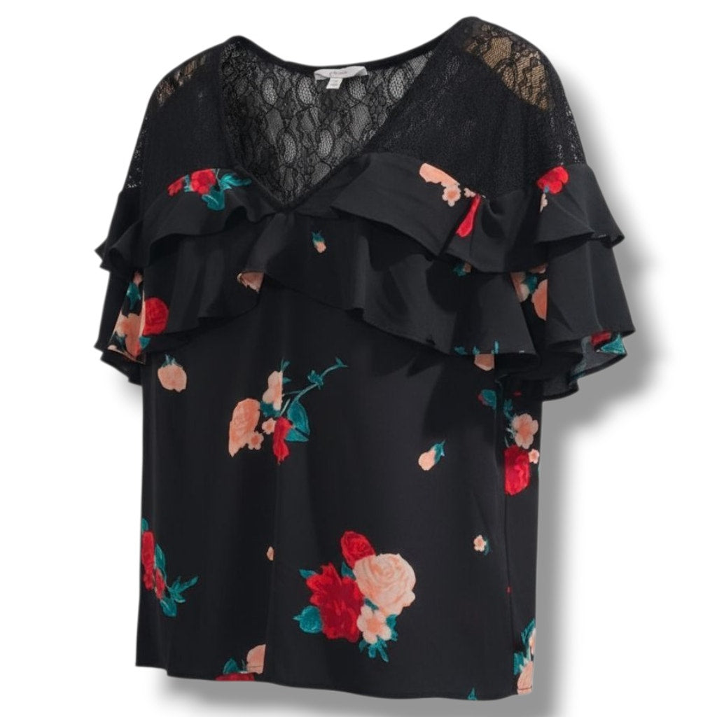 Candie’s Women’s Black Floral Ruffle Lace Blouse – Size Small, Short Sleeve