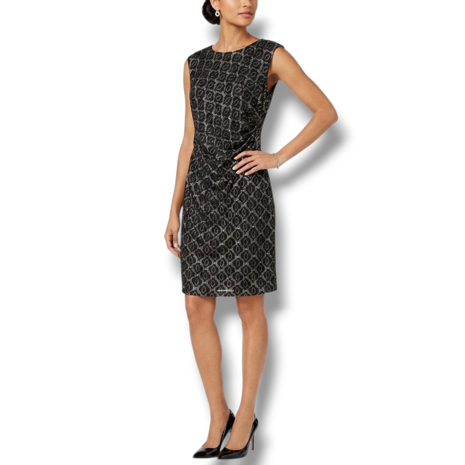 Chaus Women’s Black Lace Overlay Sleeveless Ruched Sheath Dress – Size XL