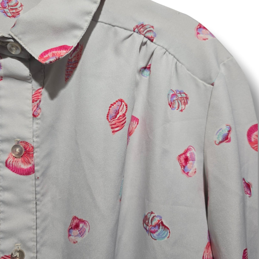 Cadisport Women's Vintage White Pink Nautical Seashell Button Down Shirt