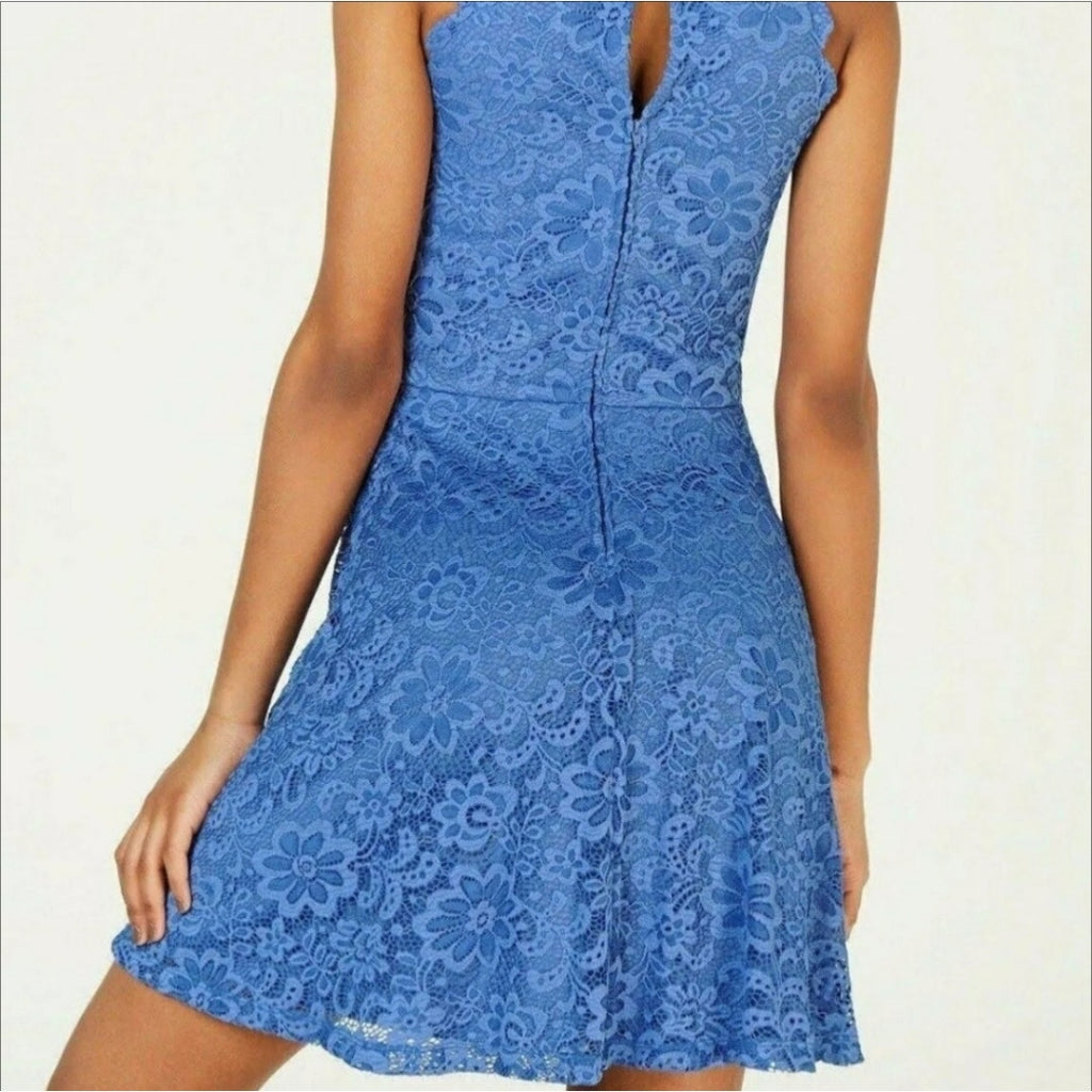 BCX Blue Lace Halter Dress Juniors Size 11 Scallop A-Line Cocktail Party Dress