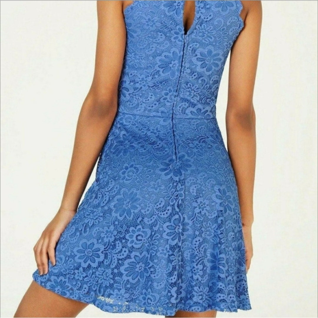 BCX Blue Lace Halter Dress Juniors Size 11 Scallop A-Line Cocktail Party Dress