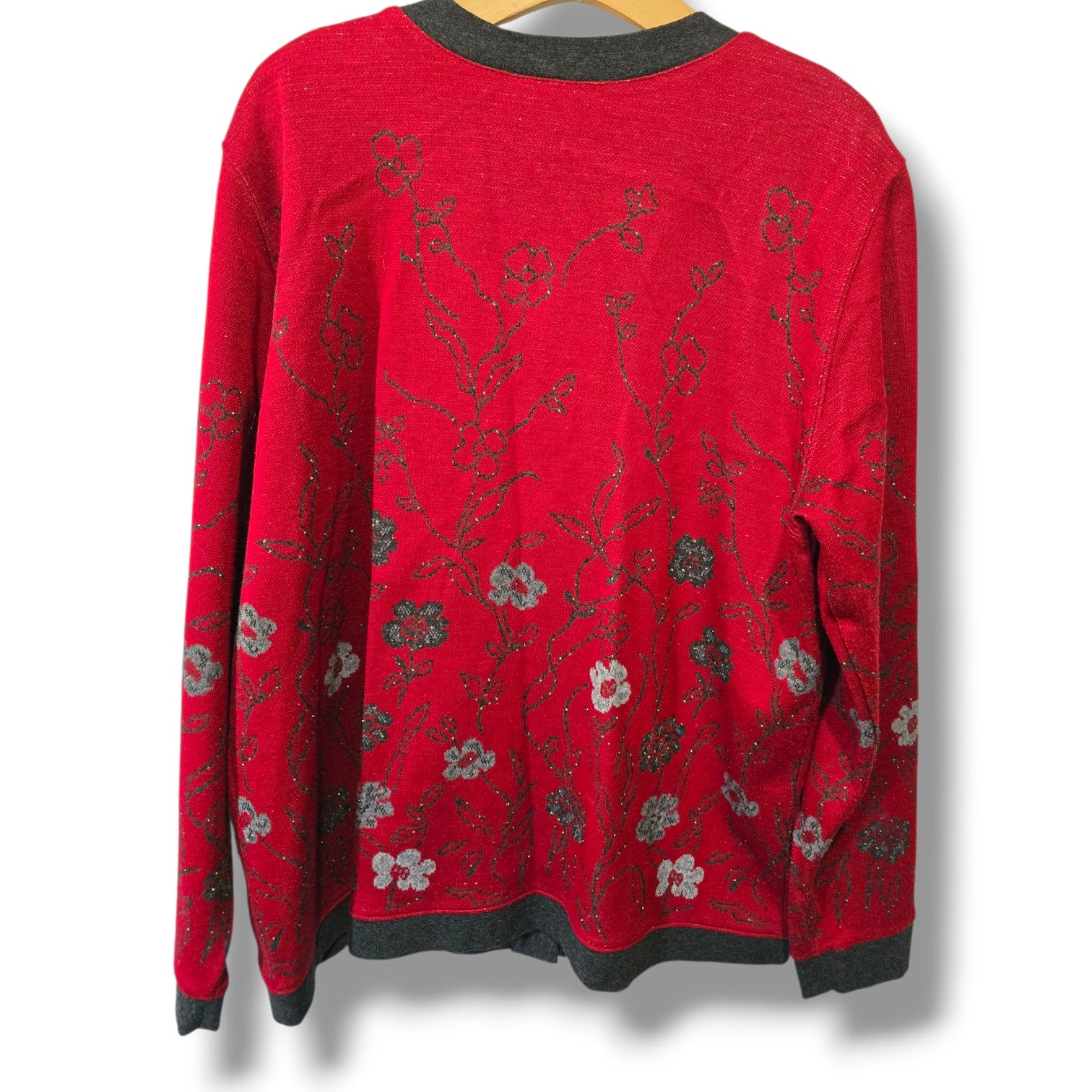 Cathy Daniels Women’s Red Floral Metallic Button-Front Cardigan Sweater – Large